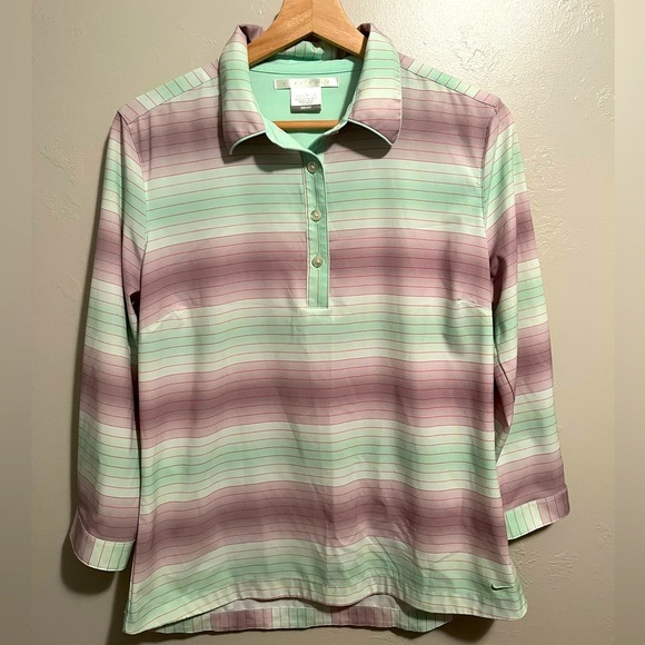NIKE Golf Dri-Fit Top Green White Striped - Picture 1 of 9